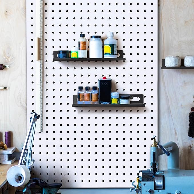 Metal Pegboard Shelf Set - 2Pack 11.7" Peg Board Shelving Racks Black Accessories Display Trays Tool Tiered Shelves for Office Craft Garage Kitchen Bathroom Pegboard Organization System (Medium)