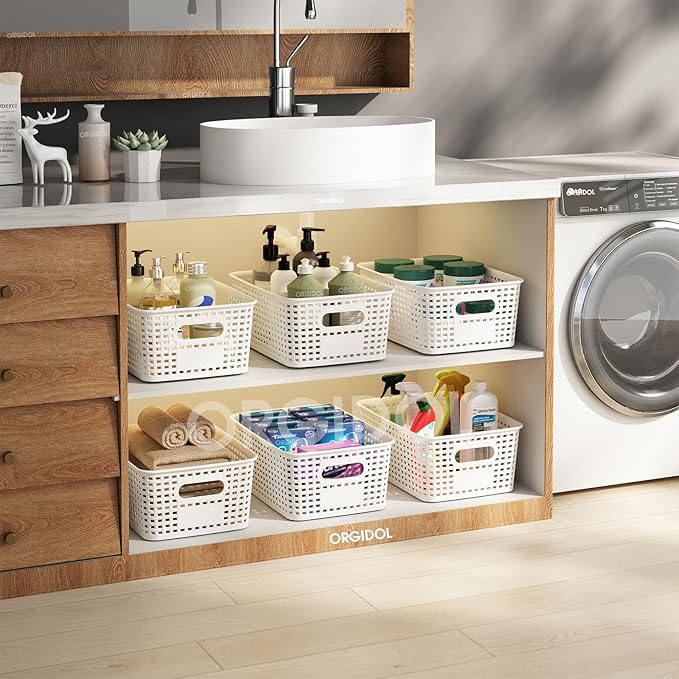 Plastic Storage Basket with Lids 10 Pack Stackable Storage Bins Containers with Lid, Decorative Storage Boxes for Organizing Shelves, Drawers, Playroom, Classroom, Office, Closet, White