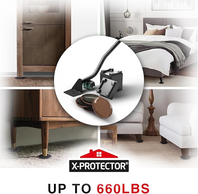 X-Protector Furniture Sliders for Carpet & Furniture Lifter Tool Set - 4 PCS 3 1/2" Sliders for Furniture with Foldable Furniture Jack. Move Your Furniture Easily with Furniture Movers for Carpets!