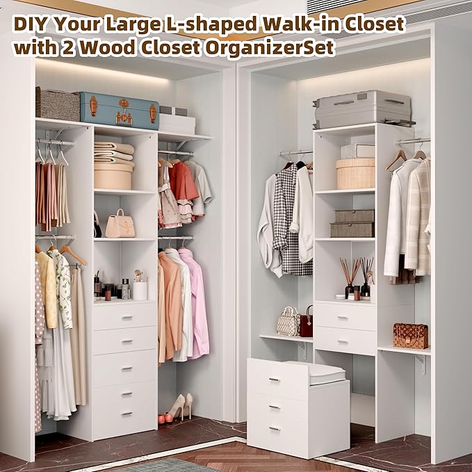 Closet System Set With Concealable Stool, Closet Organizer System With 4 Wood Drawers, Walk-In Closet Storage System, 5 Adjustable Cloth Garment Rack from 3 to 5FT, White