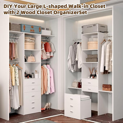 Closet System Set With Concealable Stool, Closet Organizer System With 4 Wood Drawers, Walk-In Closet Storage System, 5 Adjustable Cloth Garment Rack from 3 to 5FT, White