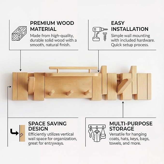 Mid Century Modern Walnut Foldable Entryway Wall Coat Hanger Hook with Shelf,Heavy Duty Wooden Piano Hidden Towel Hooks for Bathroom,Wall Rack for Purse&Key&Mail,Home Decor (Natural, 7 Hooks)