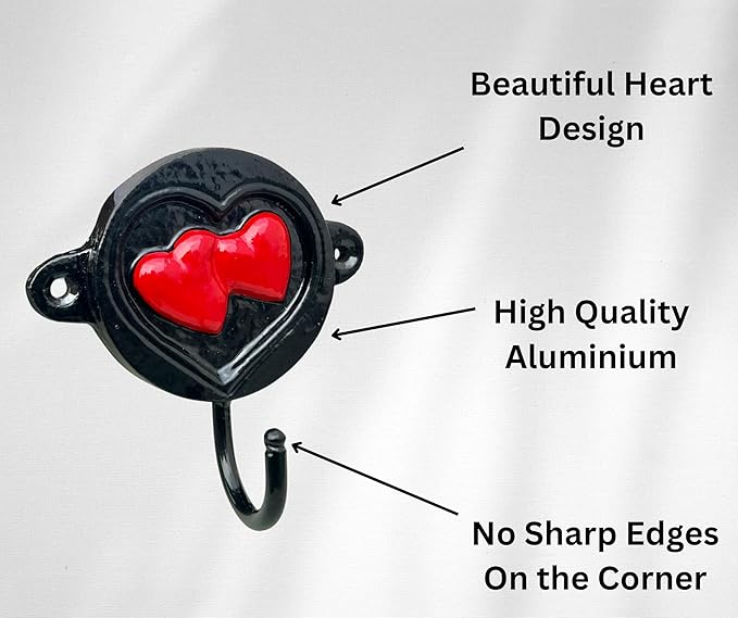 Aluminium Heart Print (1-Pack) Single Wall Hooks, Black Heart Themed Hooks for Hanging Leash, Dog Harness, Wall Mount Hanger, Organization Decorative Wall Hook (Heart)