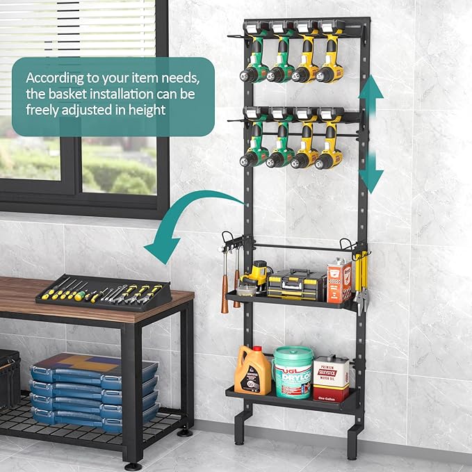 Bukfen Garage Tool Storage Rack, Wall Mount 5-Tier Heavy Duty Metal Organizer with 8 Drill Holder Slots, Adjustable Shelves, Side Hooks Workshop Utility 1 Pack Black Vertical Space-Saving Organization