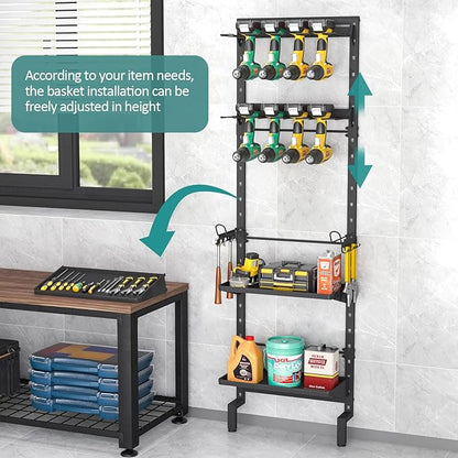 Bukfen Garage Tool Storage Rack, Wall Mount 5-Tier Heavy Duty Metal Organizer with 8 Drill Holder Slots, Adjustable Shelves, Side Hooks Workshop Utility 1 Pack Black Vertical Space-Saving Organization