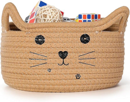 Zopeal Cat Basket Storage Woven Organizer with Ears Easter Decorative Gift Pet Toy Cute Cotton Rope Basket for Gift Cat Dog Toy Bin Nursery Room(13.7 x 7.8 Inch,Khaki)
