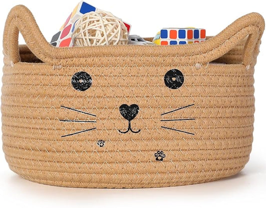Zopeal Cat Basket Storage Woven Organizer with Ears Easter Decorative Gift Pet Toy Cute Cotton Rope Basket for Gift Cat Dog Toy Bin Nursery Room(13.7 x 7.8 Inch,Khaki)