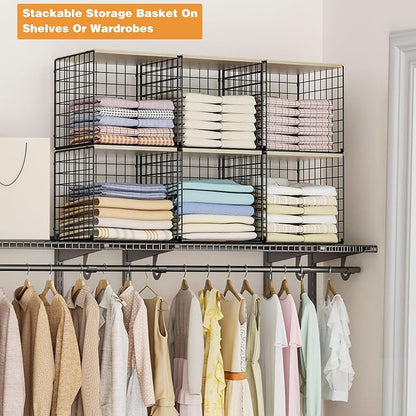 4-Tier Stackable Closet Organizers and Storage Basket, Shelves with Wood Top, Foldable Clothes Storage Bin/Cube Drawer Organizer for Wardrobe, Space-Saving, Closet Organization,Black(Patent Pending) ﻿