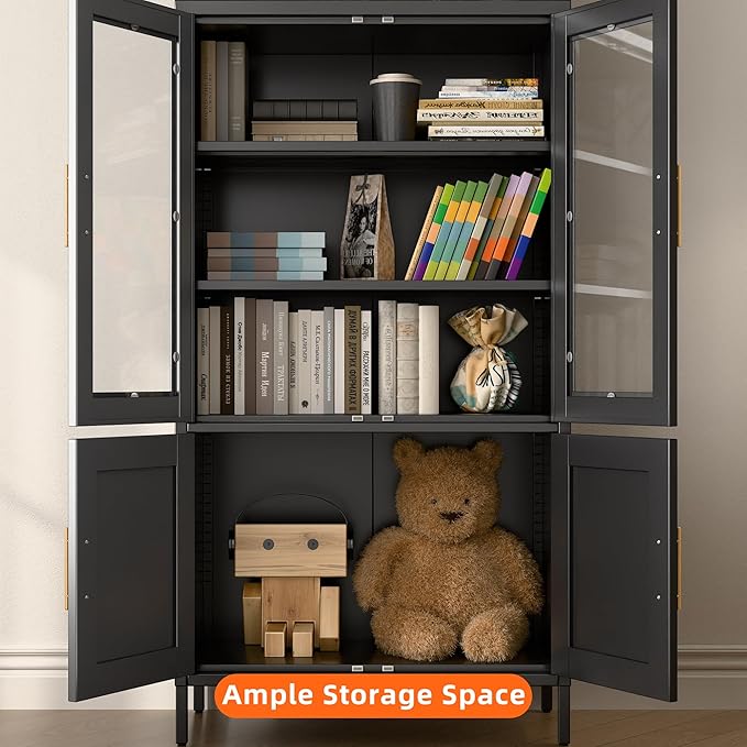 Metal Arched Bookcase Cabinet with 4 Doors,Arched Kitchen Pantry Cabinet for Home Office Living Room,Required Assembly,Black