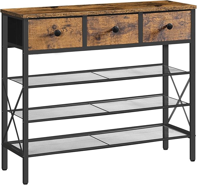 4-Tier Shoe Rack with 3 Drawers, Metal Shoe Organizer for 15 Pairs with Storage Shelves and Wooden Top, for Entryway, Hallway, Foyer, Closet, Rustic Brown and Black SS34BR