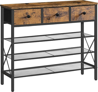 4-Tier Shoe Rack with 3 Drawers, Metal Shoe Organizer for 15 Pairs with Storage Shelves and Wooden Top, for Entryway, Hallway, Foyer, Closet, Rustic Brown and Black SS34BR