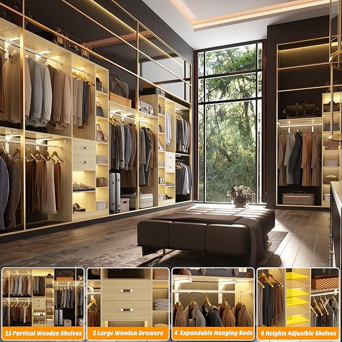 Upgraded 96 Closet System with 18 Storage Place, 8FT Closet Organizers System with 13 Shelves and 2 Wooden Drawers, 96'' Walk-in Closet with 4 Hanging Rods, Adjustable Garment Rack, Natural