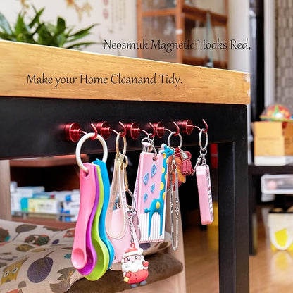 Neosmuk Magnetic Hooks, Heavy Duty 40lb+ Strong Magnet Hook for Cruise Cabins, Cruise Ship Essentials for Hanging, Metal Wall Refrigerator Hangers (Red, 10 Pack)