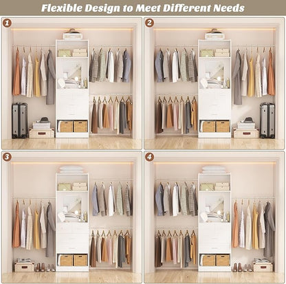 Unikito 48" W - 96” W Closet Organizer, 8FT Walk in Closet Systems Starter Kit with 25” Tower and 3 Extendable Hanging Rods, Sturdy Wood Garment Rack with 4 Drawers and Mirror, Max Load 1000 LBS White