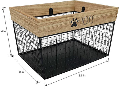 SmartSniffs Pet Toy Storage - Metal & Wood Dog & Cat Toy Bin - Organizer for Accessories, Leash, Blanket, Food - Container Baskets for Dogs & Cats, 9.75" x 8" x 6
