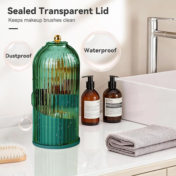 360° Rotating Makeup Brush Holder with Lid, Waterproof Three-Compartment Makeup Organizer, 180° Side-Pull Door Desk Organizer, Dustproof Brush Holder for Vanity and Bathroom (Green)