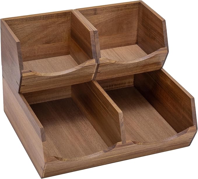 Seville Classics Premium Organizer Storage Bins for Kitchen Silverware, Pantry, Closet, Office Desk, Pens, Utensils, Makeup, K Cup, Acacia, Stackable Bin Set (3 Piece)