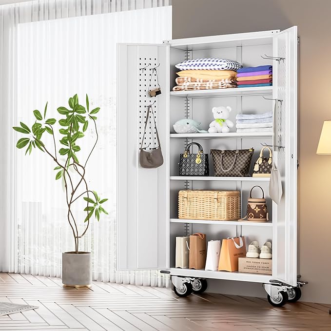 INTERGREAT Metal Garage Storage Cabinets, Lockable Rolling Tool Cabinet with Pegboard and Shelves, 75" Tall Heavy-Duty File Cabinet with Wheels for Garage, Basement, Warehouse, White