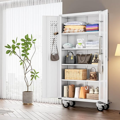 INTERGREAT Metal Garage Storage Cabinets, Lockable Rolling Tool Cabinet with Pegboard and Shelves, 75" Tall Heavy-Duty File Cabinet with Wheels for Garage, Basement, Warehouse, White