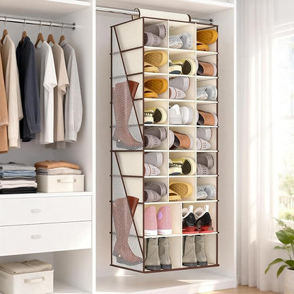 VERONLY Hanging Shoe Organizer for Closet-Collapsible Storage Rack with 25 Sections & 4 Side Pockets, Hanging Shoe Shelves for Hats,and Clothes, Beige