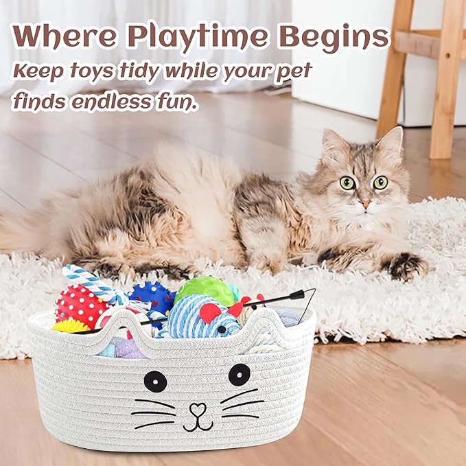 Small Woven Cat Gifts Basket for Storage Empty Cat Toy Bins Organizer with Ribbons and Bags Durable Cute Pet Gifts 12"X 8" X 5" Small Rope Basket for Gifting
