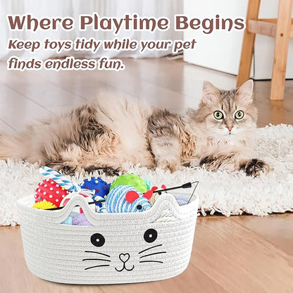 Small Woven Cat Gifts Basket for Storage Empty Cat Toy Bins Organizer with Ribbons and Bags Durable Cute Pet Gifts 12"X 8" X 5" Small Rope Basket for Gifting