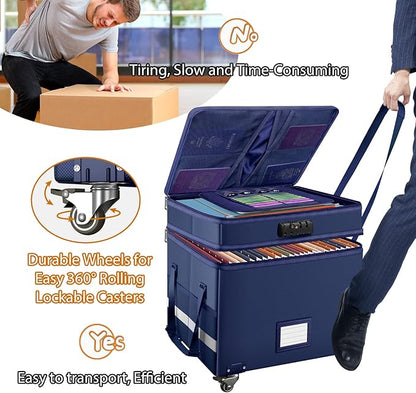 DocSafe File Box with Lock, 2-Layer Fireproof Document Box with Wheels,Collapsible File Storage Organizer with Pockets,Large Portable Office Filing Cabinet Hanging Folders,Blue,16''x13.8''x12.2''
