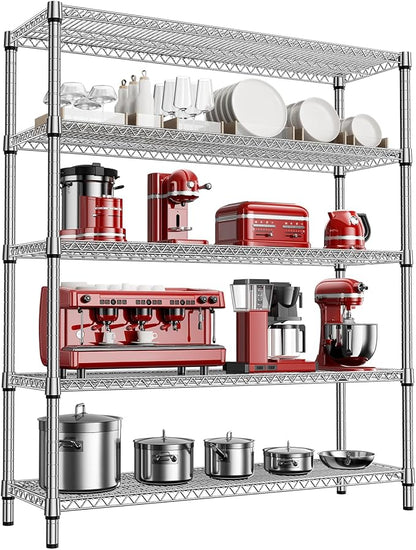 3500LBS 59" W 5 Tier Storage Shelves Rack Metal Wire Shelving Unit, Storage Standing Shelf Organizer for Laundry Bathroom Kitchen Pantry Closet Garage, Chrome 17.7" D x 59.1" W x 70.4" H