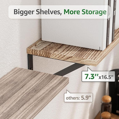 Wall Shelves 7.3" Deep Set of 5, Solid Paulownia Wood Wider Longer Sturdy Easy to Install Wall Mounted Bookshelves Storage Shelves Bathroom Home Office Laundry Room Bedroom Organizer