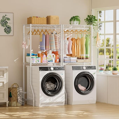 Over Washer and Dryer Shelves,2 Tier Adjustable Height Wire Shelving Laundry Room Storage Organization Clothes Drying Rack with Hanger Rod&Hooks,Space Saving Organizers Shelf,White