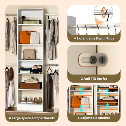 Closet System, 4Ft-9Ft Closet Organizer System With Adjustable Shelves, Walk-In Closet Storage System With 5 Expandable Hanging Rods, Adjustable Cloth Garment Rack from 4 to 9FT, White