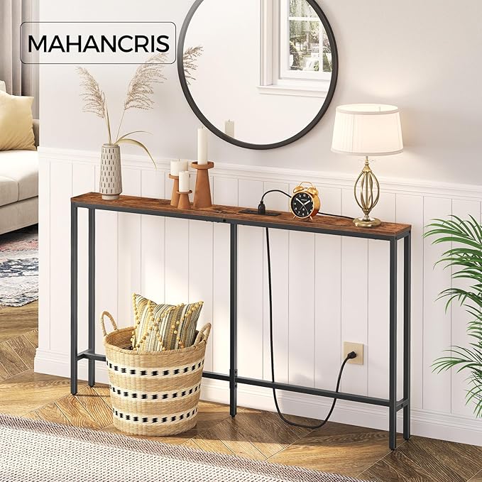 Skinny Console Table with Power Outlets, 55.1" Narrow Sofa Table, Behind Couch Table with Charging Station, Sofa Hallway Table for Plants, Living Room CTHR145E01