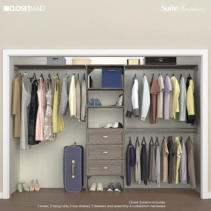 ClosetMaid SuiteSymphony Wood Closet Organizer Kit with Tower, 3 Hang Rods, Top Shelves, 3 Drawers, Adjustable, Fits Spaces 6 - 10 ft. Wide, Graphite Grey