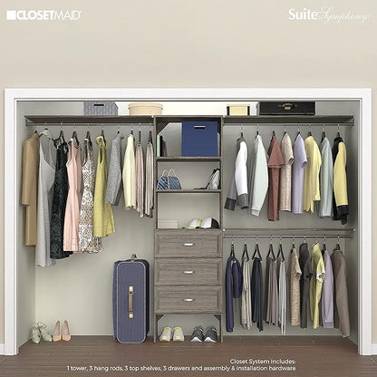ClosetMaid SuiteSymphony Wood Closet Organizer Kit with Tower, 3 Hang Rods, Top Shelves, 3 Drawers, Adjustable, Fits Spaces 6 - 10 ft. Wide, Graphite Grey