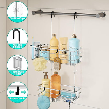 HapiRm Hanging Shower Caddy Organizer - No Drilling Shower Shelves with Hooks and Toothbrush Holder, Rustproof 304 Stainless Steel Bathroom Organizer - Silver