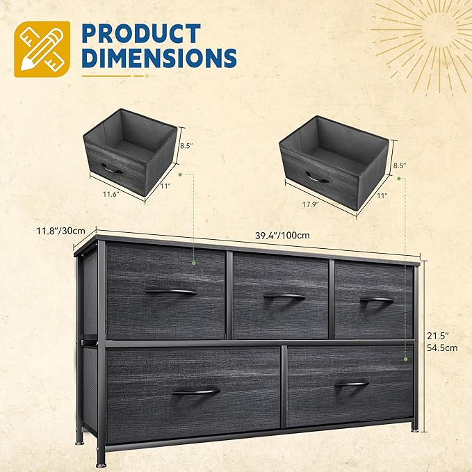 DWVO Dresser with 5 Drawers - Fabric Storage Tower, Organizer Unit for Bedroom, Living Room, Closets - Sturdy Steel Frame, Wooden Top (Black)