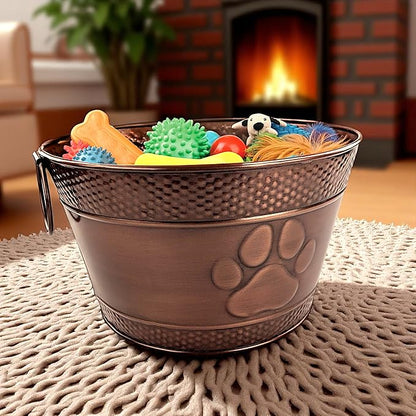 BREKX Metal Indestructible Dog Toy Bin - Storage Bin with Handles, Farmhouse Organizer Storage Basket for Pet Toys, Blankets, Leashes - Home Decor (Lead-Free Copper)