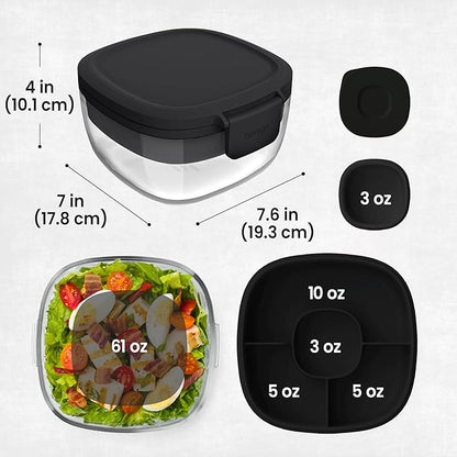 Bentgo Glass Salad Container - 7.6-Cup Salad Bowl with Airtight Lid, Leak-Proof Sauce Container, 4-Compartment Bento Tray & Reusable Fork - BPA-Free for Meal Prep, Office & More (Black Onyx)