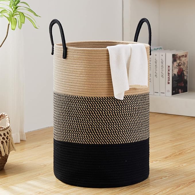 58L Large Woven Laundry Hamper by Fiona's magic, Tall Cotton Rope Laundry Basket, Boho Storage Basket for Blankets, Toys and Clothes Hamper for Bedroom and Living Room Organizing, Brown & Black