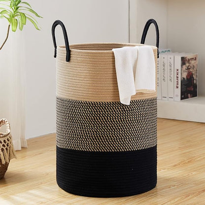 58L Large Woven Laundry Hamper by Fiona's magic, Tall Cotton Rope Laundry Basket, Boho Storage Basket for Blankets, Toys and Clothes Hamper for Bedroom and Living Room Organizing, Brown & Black