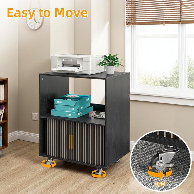 Printer Stand with Storage, File Cabinets with Sliding Doors, Rolling Printer Cart Under Desk with Open Storage Shelf for Home Office, Workspace (Black, 23.62" L)