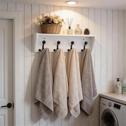 SKOLOO Wall Shelf with Hooks, 24-Inch White Coat Rack Wall Mount with Shelf Organizer - Heavy Duty, 4 Tri Hooks - Perfect for Entryway, Hallway, Living Room, Bedroom, Mudroom