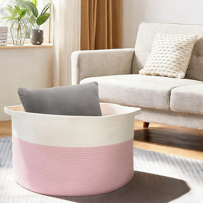 Pink Storage Baskets for Organizing, 22"X22"X14" XXXL Blanket Basket Living Room, Large Toy Basket, Soft Pink Cotton Rope Woven Baskets for Storage, Decorative Gifts Basket Bins for Nursery