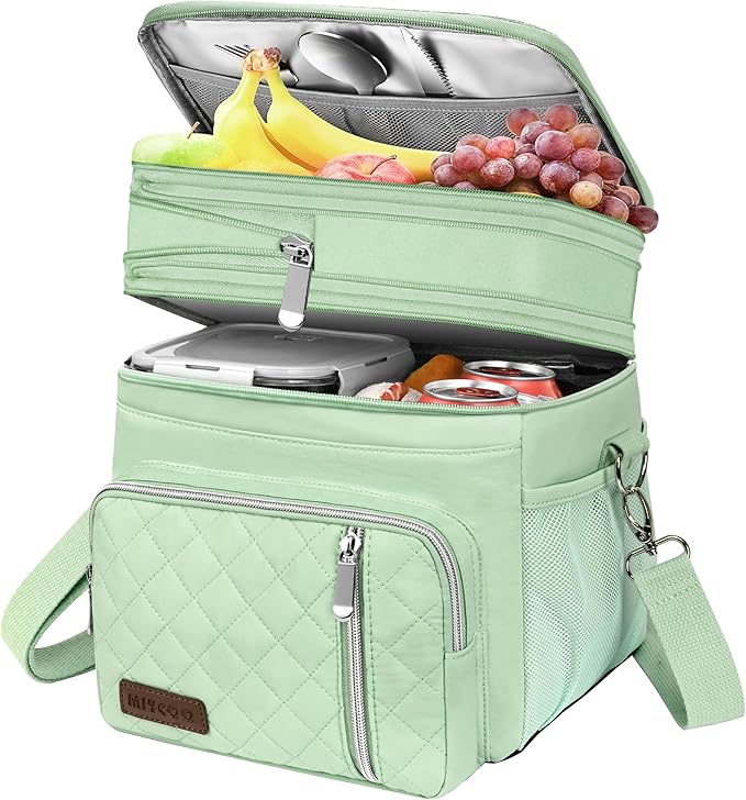 MIYCOO Lunch Bag & Lunch Box for Women Men, Double Deck Leakproof Insulated Soft Large Adult Camping Cooler bag for Work, Beach, Picnic, Travel (Green Quilted, 15L)