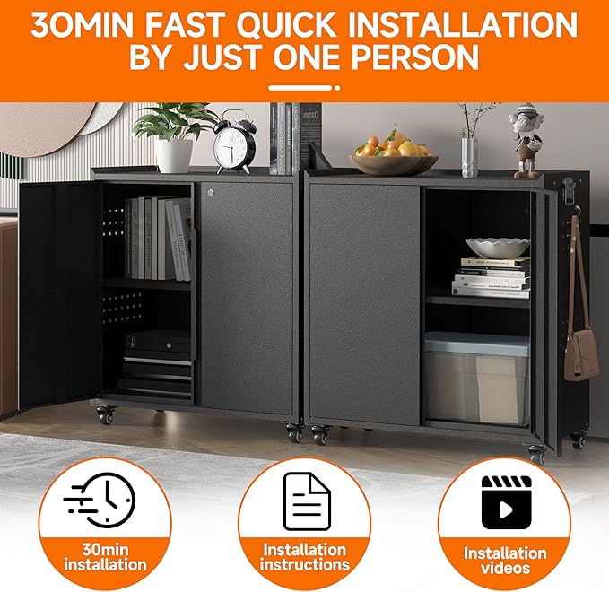 Heavy Duty Steel Metal Storage Cabinet with Wheels, Locking Doors and Adjustable Shelves - Black, Ideal for Garage, Warehouse, Office, School, Home