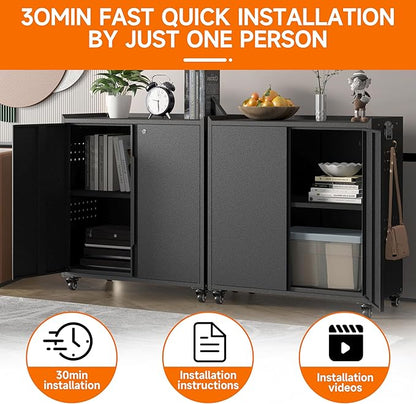 Heavy Duty Steel Metal Storage Cabinet with Wheels, Locking Doors and Adjustable Shelves - Black, Ideal for Garage, Warehouse, Office, School, Home