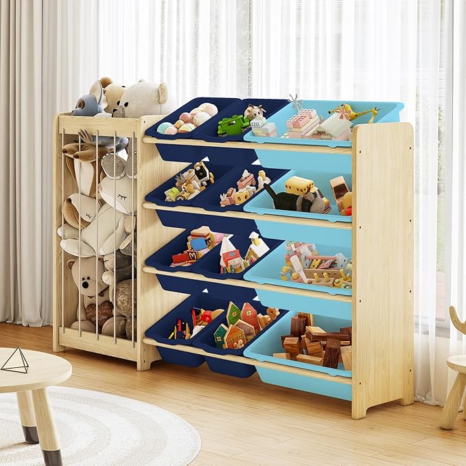 Kids Toy Storage Organizer, 2-in-1 Stuffed Animal Storage & Toy Organizer w/12 Bins, Solid Wood Toy Rack Featuring Thicker Elastic Ropes, Playroom Nursery Bedroom Storage, Blue