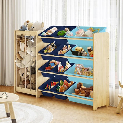 Kids Toy Storage Organizer, 2-in-1 Stuffed Animal Storage & Toy Organizer w/12 Bins, Solid Wood Toy Rack Featuring Thicker Elastic Ropes, Playroom Nursery Bedroom Storage, Blue