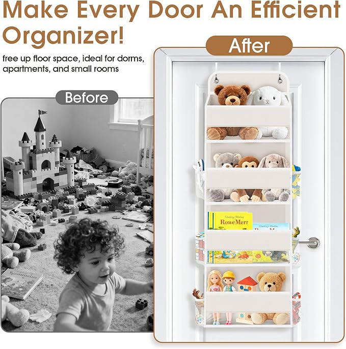 WISELIFE Over The Door Organizer Storage with 4 Large Pockets Door Hanging Organizer with Clear Windows behind The Door Storage for Nursery Bedroom Bathroom Pantry Closet and Baby Essentials Beige