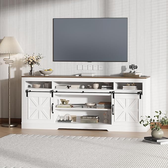 Garvee TV Stand Table for 75 in Television, Media Console Table with Open Storage, Power Outlets, Barn Doors, Entertainment Center with Adjustable Shelves for Home & Office, 66 in Width, White